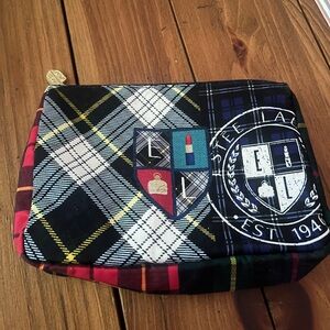 Estee Lauder Travel Make Up Bag 6"H x 9"L Plaid Full Zipper Tassel Pull NWOT